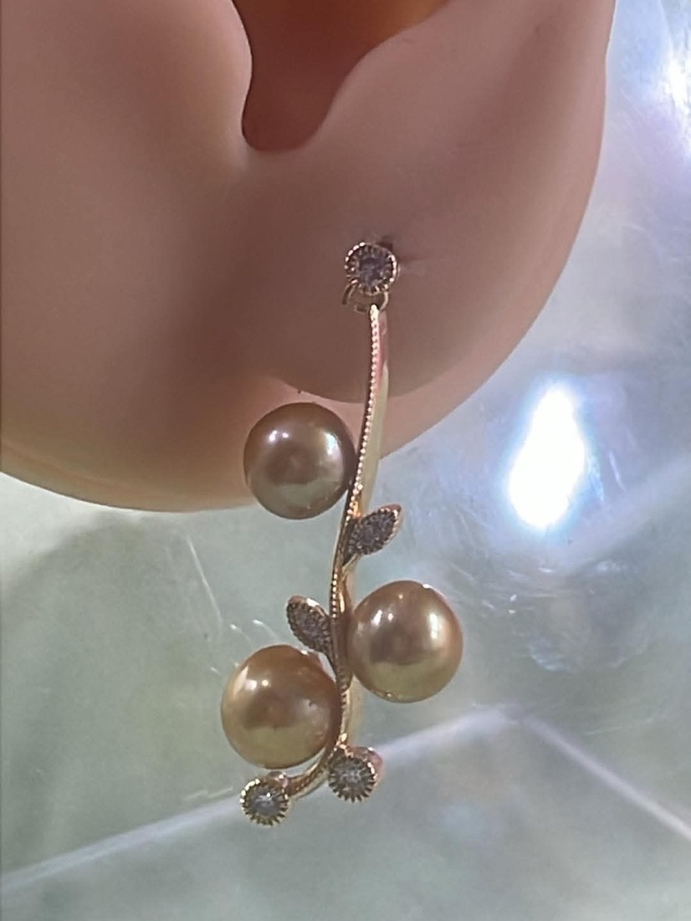 NWOT Authentic Freshwater Golden Pearl Leaf Drop Earrings and Ring Set - Picture 3 of 3